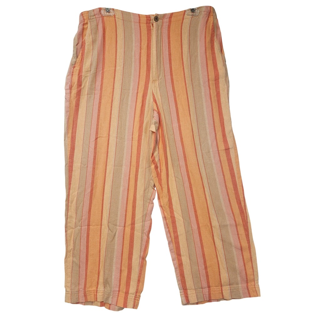 White Stag Women Large Faded Henna Striped Linen Blend Wide Leg Crop Pants